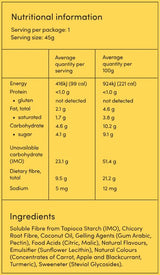 Supplement facts for Fruity Chews listing ingredients including Apple, Black Currant Extract, Carrot, Chicory extract, Citric Acid