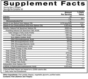 Supplement facts for Sashimi Omegas listing ingredients including Alpha Linolenic Acid, Alpha Lipoic Acid, Astaxanthin, DHA, Docosahexaenoic acid