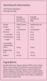 Supplement facts for Milk Chocolate Raspberry Bullets listing ingredients including Carnauba Wax, Chicory extract, Citric Acid, Cocoa Butter, Coconut Oil