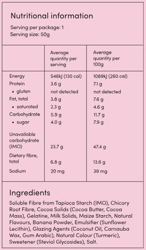 Supplement facts for Milk Chocolate Banana Bites listing ingredients including Calcium, Chicory extract, Cocoa Butter, Fibre, Inulin