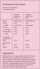 Supplement facts for Milk Chocolate Banana Bites listing ingredients including Calcium, Chicory extract, Cocoa Butter, Fibre, Inulin