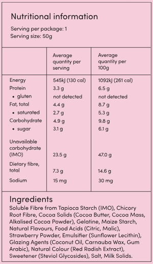 Supplement facts for Dark Chocolate Strawberry Bites listing ingredients including Chicory extract, Cocoa Butter, Coconut, Coconut Oil, Fibre