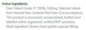 Supplement facts for Deer Velvet 500mg Capsules