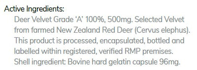 Supplement facts for Deer Velvet 500mg Capsules