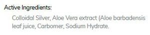 Supplement facts for Colloidal Silver & Aloe Vera Gel listing ingredients including Aloe Barbadensis, Aloe Vera, Colloidal Silver, Sodium
