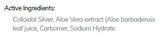 Supplement facts for Colloidal Silver & Aloe Vera Gel listing ingredients including Aloe Barbadensis, Aloe Vera, Colloidal Silver, Sodium