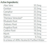 Supplement facts for Swedish Bitters listing ingredients including Aloe Vera, Angelica Sinensis, Cetyl Alcohol, Cinnamomum Camphora, Gentian Extract