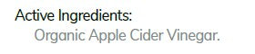 Supplement facts for Organic Apple Cider Vinegar listing ingredients including Apple, Apple Cider Vinegar, Apple cider vinegar