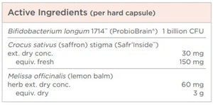Supplement facts for ProbioCalm listing ingredients including Affron, Bifidobacterium, Bifidobacterium longum, Crocus Sativus Stigmas, Crocus sativus