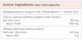 Supplement facts for ProbioCalm listing ingredients including Affron, Bifidobacterium, Bifidobacterium longum, Crocus Sativus Stigmas, Crocus sativus