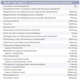 Ingredients: Creatine monohydrate, Magnesium, Levocarnitine, Taurine, Glutamine, Potassium, Zinc, Manganese, Chromium, Selenium, Thiamine hydrochloride, Riboflavin sodium phosphate, Nicotinamide, Calcium pantothenic, Pyridoxal  5-phosphate monohydrate, Calcium folinate, Mecobalamin, Ascorbic acid.