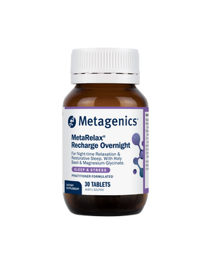 A supplement container of MetaRelax Recharge Overnight 30 Tabs by Metagenics