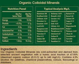 Supplement facts for Organic Colloidal Minerals listing ingredients including Aluminum Oxide, Annatto seed (Bixa orellana), Bis-Carboxyethyl Germanium Sesquioxide, Boron, Cadmium Sulphate