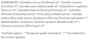Supplement facts for Ageless Beauty Botanical Facial Oil listing ingredients including Alphabisabolol, Calendula Extract, Camellia Oleifera, Camellia Sinensis, Cannabis Sativa