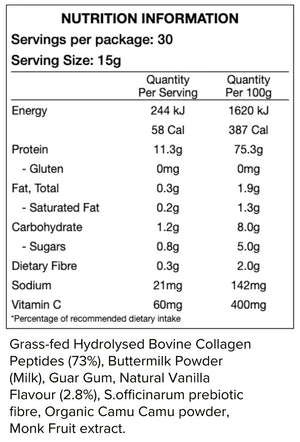 Supplement facts for Collagen Protein Creamy Vanilla (10 Pack) listing ingredients including Bovine Collagen Peptides, Buttermilk Powder, Camu camu, Collagen, Collagen