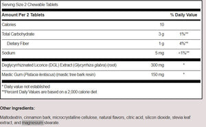 Supplement facts for Mastic Gum/DGL, 60 tablets listing ingredients including Deglycyrrhized licorice, Deglycyrrhizinated licorice, Glycyrrhiza glabra, Licorice extract, Mastic Gum (Pistacia lentiscus)