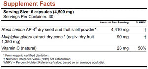 Supplement facts for SUKOFlex 180 caps listing ingredients including Acerola extract, Malpighia glabra fruit, Rosehip, Rosehip Oil, Vitamin A