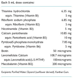Supplement facts for MTHFR (TheraPure) Total B Drops 100ml listing ingredients including Biotin, Calcium pantothenate, Folate, L-5-MTHFR, L-5-Methyltetrahydrofolic acid