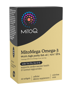 A supplement container of MitoMega Omega-3 by MitoQ