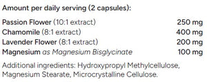 Supplement facts for Deep Sleep 120c listing ingredients including Chamomile, Lavender Extract, Magnesium, Magnesium bisglycinate, Matricaria Recutita