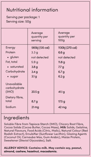 Supplement facts for Milk Chocolate Strawberry & Cream Bites listing ingredients including Carnauba Wax, Chicory extract, Citric Acid, Cocoa Butter, Cocoa Mass