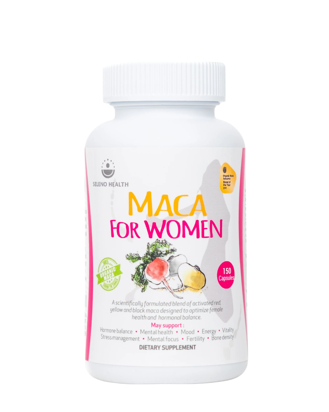 A supplement container of Maca for Women by Seleno Health (Retail)