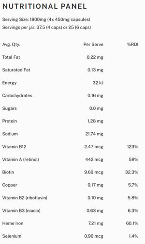 Supplement facts for Beef Liver & Spleen Capsules listing ingredients including Biotin, Copper, Iron, Selenium, Vitamin A
