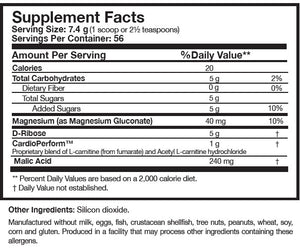 Ingredients: calories, carbohydrates, fiber, sugars, magnesium, D-Ribose, CardioPerform, and Malic Acid.