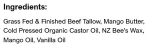 Supplement facts for Beef Tallow Balm listing ingredients including Beef, Castor Oil