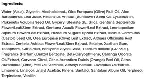 Supplement facts for Dark Spot Brightening Serum (Blue Gentian & Edelweiss) listing ingredients including A-Pinene, Aloe Vera, Alpha-Pinene, Alpha-Terpinene, Beta-Pinene