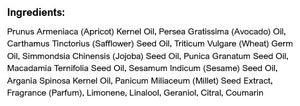Supplement facts for Firming Facial Oil (Pomegranate) listing ingredients including Apricot Kernel Oil, Apricot Oil, Argan oil, Avocado (Persea Gratissima), Citral