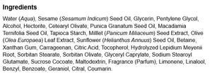 Supplement facts for Firming Day Cream (Pomegranate) listing ingredients including Behenyl Alcohol, Benzyl Alcohol, Betaine HCI, Caprylic acid, Carrageenan