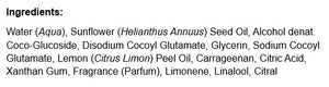 Supplement facts for Refresh Shower Cream (Citrus) listing ingredients including Carrageenan, Citral, Citric Acid, Citrus Limon Oleum, Glycine