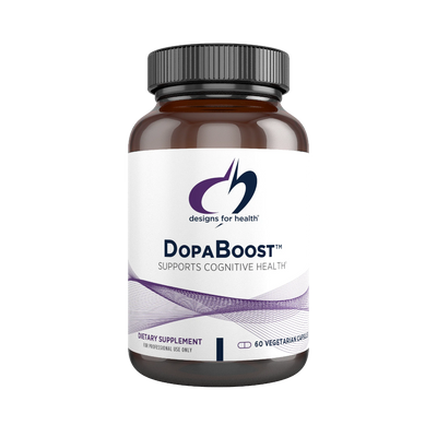 Image of a white supplement bottle that says desifgns for health Dopaboost supports cognitive health dietary supplement 60 vegetairan capsules 