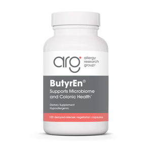 A Supplement container with the name ButyrEn by Allergy Research 