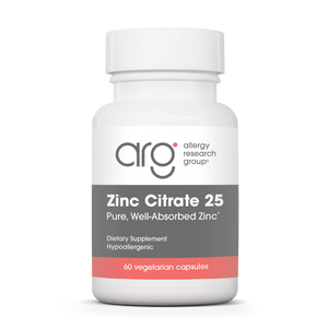 A Supplement container with the name Zinc Citrate 25 by Allergy Research Group.