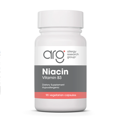 A Supplement container with the name Niacin Vitamin B3 by Allergy Research Group.
