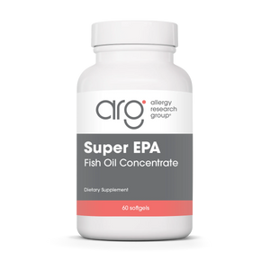 A Supplement container with the name Super EPA, Fish Oil Concentrate by Allergy Research Group.