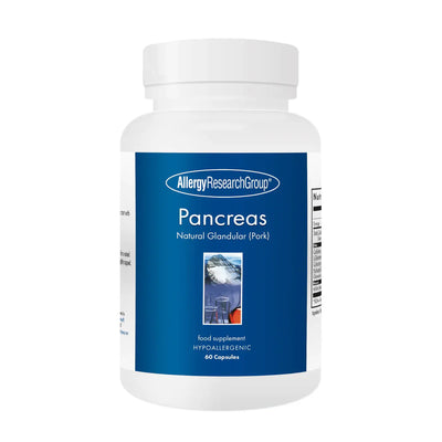 A Supplement container with the name Pancreas Natural Glandular (Pork) by Allergy Research Group.