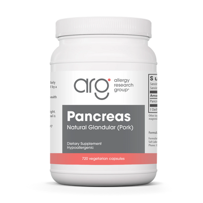 A Supplement container with the name Pancreas (Pork 720 Vegetarian Caps) by Allergy Research Group.