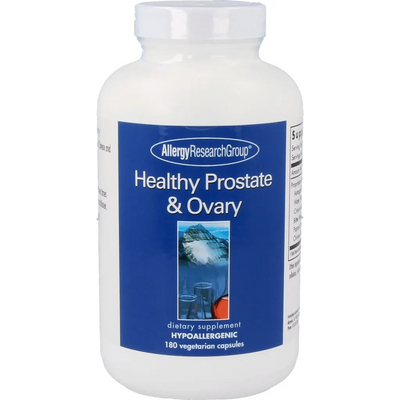 A Supplement container with the name Healthy Prostate & Ovary by Allergy Research Group.