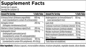 Text describing the ingredients: Echinacea Extract, Astragalus Extract, Elderberry Extract, Andrographis Extract, Green Tea Extract, Arabinogalactan, Lauric Acid, Cordyceps Mushroom, Shiitake Mushroom, Maitake Mushroom, Reishi Mushroom, Beat 1,3 Glucan.
