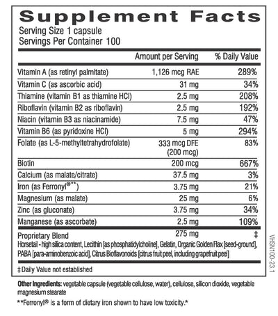 Text decribing the ingredient: Vitamin A, C, B6, Thiamine (Vitamin B1), Riboflavin (Vitamin B2), Niacin (Vitamin B3) Folate, Biotin, Calcium, Iron, Magnesium, Zinc, Manganese. 