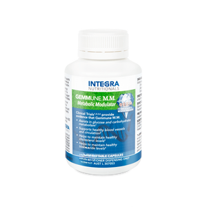 A Supplement container with the name Gemmune Metabolic Modulator (M.M.) 168 Caps by Integra Nutritionals.