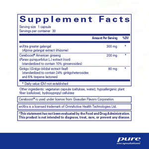Ingredients: enXtra greater galangal. Cereboost American ginseng, Ginkgo.