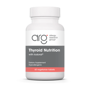 A Supplement container with the name Thyroid Nutrition with lodoral by Allergy Research Group.