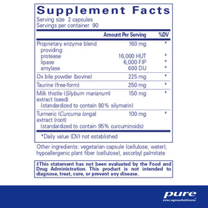 Ingredients: Proprietary enzyme blend: Protease, Lipase, amylase. Ox bile powder, Taurine, Milk thistle, Turmeric.