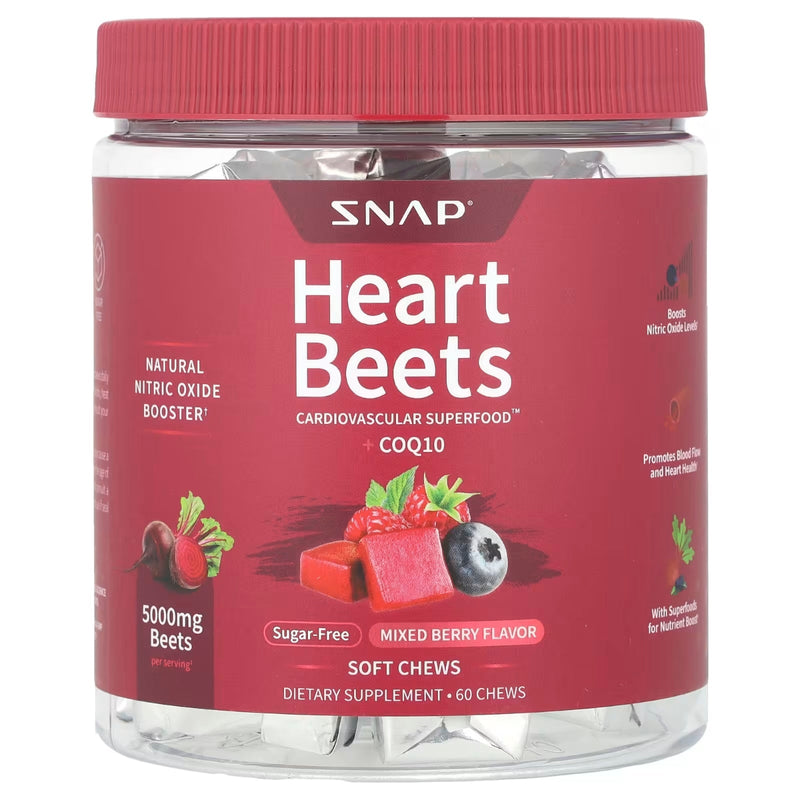 A Supplement container with the name Heart Beets Chews + CoQ10 by Snap Supplements.