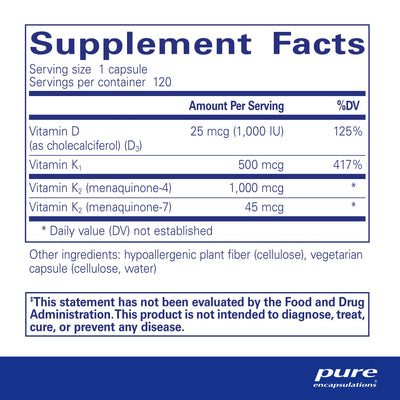 Text describing the ingredients: Vitamin D (as Cholecalciferol) (D3), Vitamin K , Vitamin K2 (menaquinone -4 , -7)