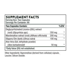 Ingredients including Deglycyrrhizinated Licorice, DGL, Glycyrrhiza spp, Marshmallow extract, Althaea officinalis, Slippery Elm, Lumus Rubra, Aloe Vera, Aloe barbadensis